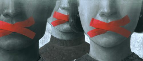 People with mouths taped over representing donor anonymity and free speech in charitable giving being violated