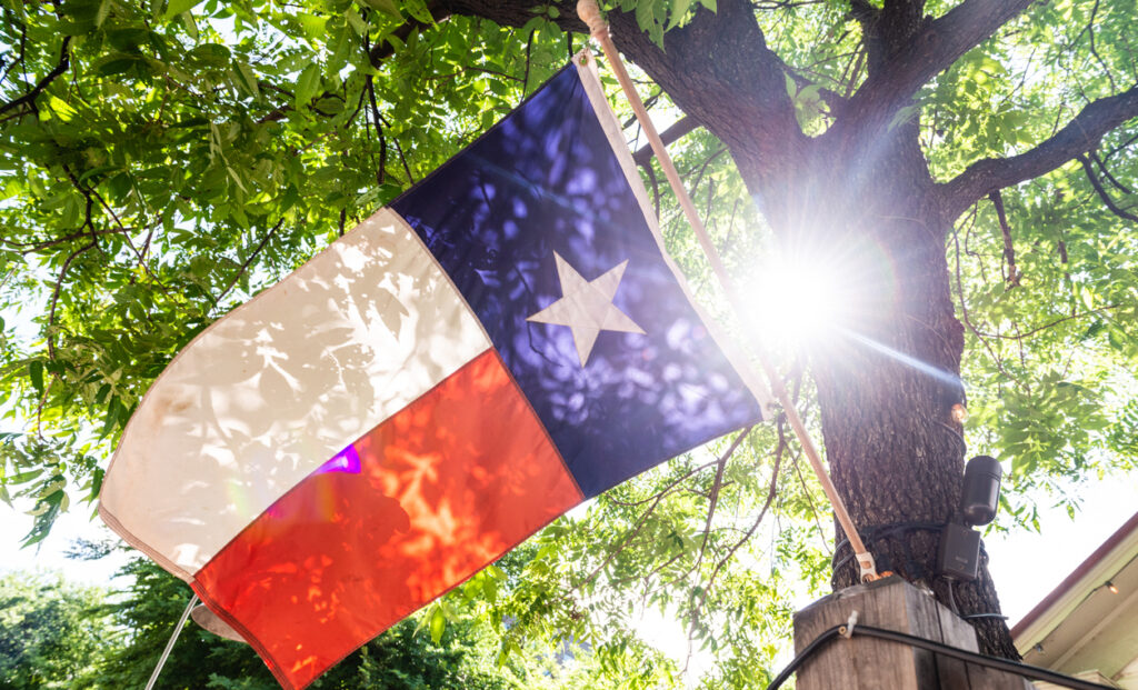 This is a color photograph of the sun shining through a tree behind the Texas State Flag on Rainey Street in downtown Austin, Texas.