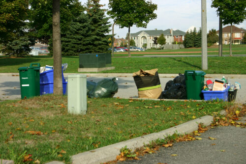 Recycling containers sitting on the curb in a residential neighborhood ready for pickup.