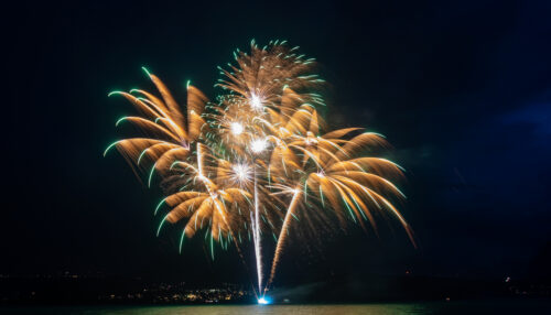 Fantastic fireworks at the Lake Thun during the Swiss National Day celebrations on August 1 in Gunten, Bern canton, Switzerland